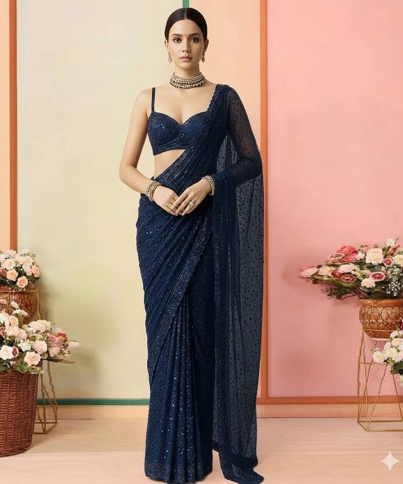 Blue embroidered net pre draped saree set