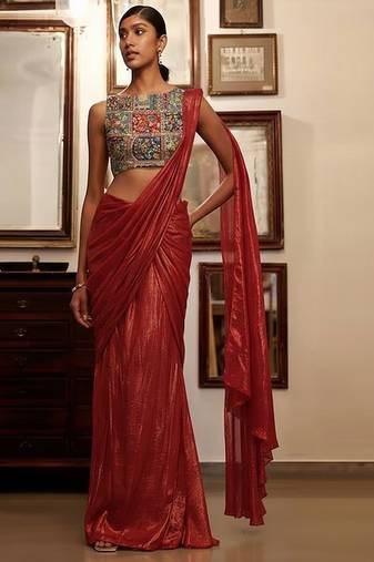 Red printed crepe pre draped saree set