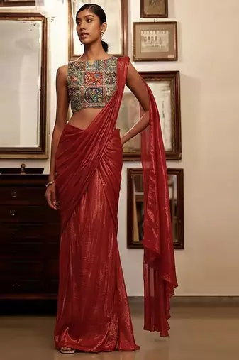 Red printed crepe pre draped saree set