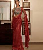 Red printed crepe pre draped saree set