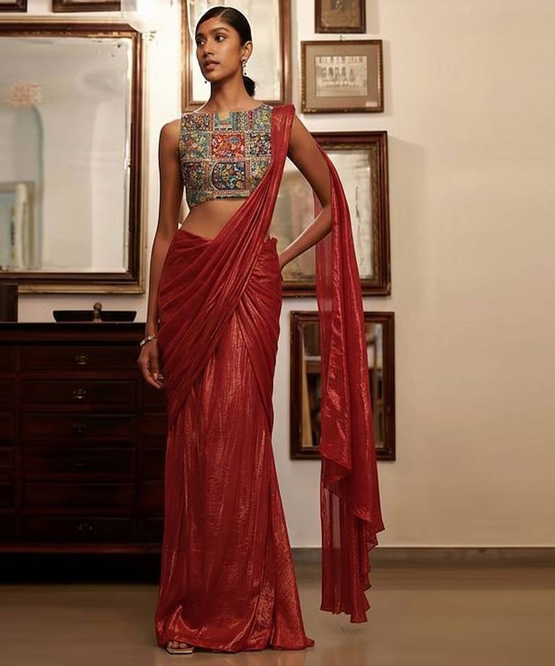 Red printed crepe pre draped saree set