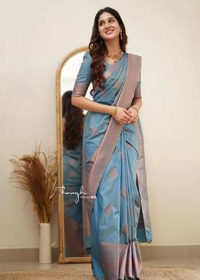 Sky blue silk blend banarasi jaquard designer saree with blouse 2