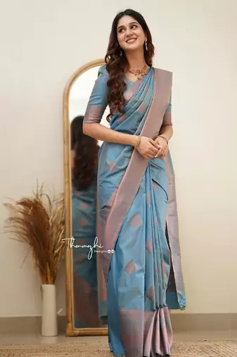 Sky blue silk blend banarasi jaquard designer saree with blouse