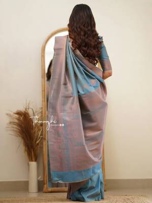 Sky blue silk blend banarasi jaquard designer saree with blouse 3