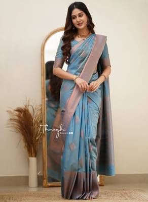 Sky blue silk blend banarasi jaquard designer saree with blouse 4