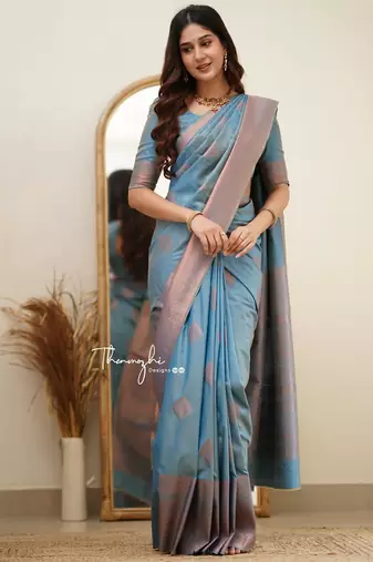 Sky blue silk blend banarasi jaquard designer saree with blouse