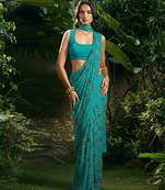 Blue embroidered silk pre draped saree set