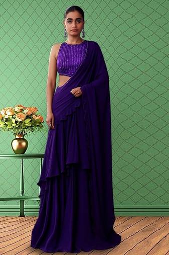 Purple net pre draped saree set