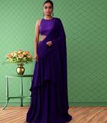 Purple net pre draped saree set