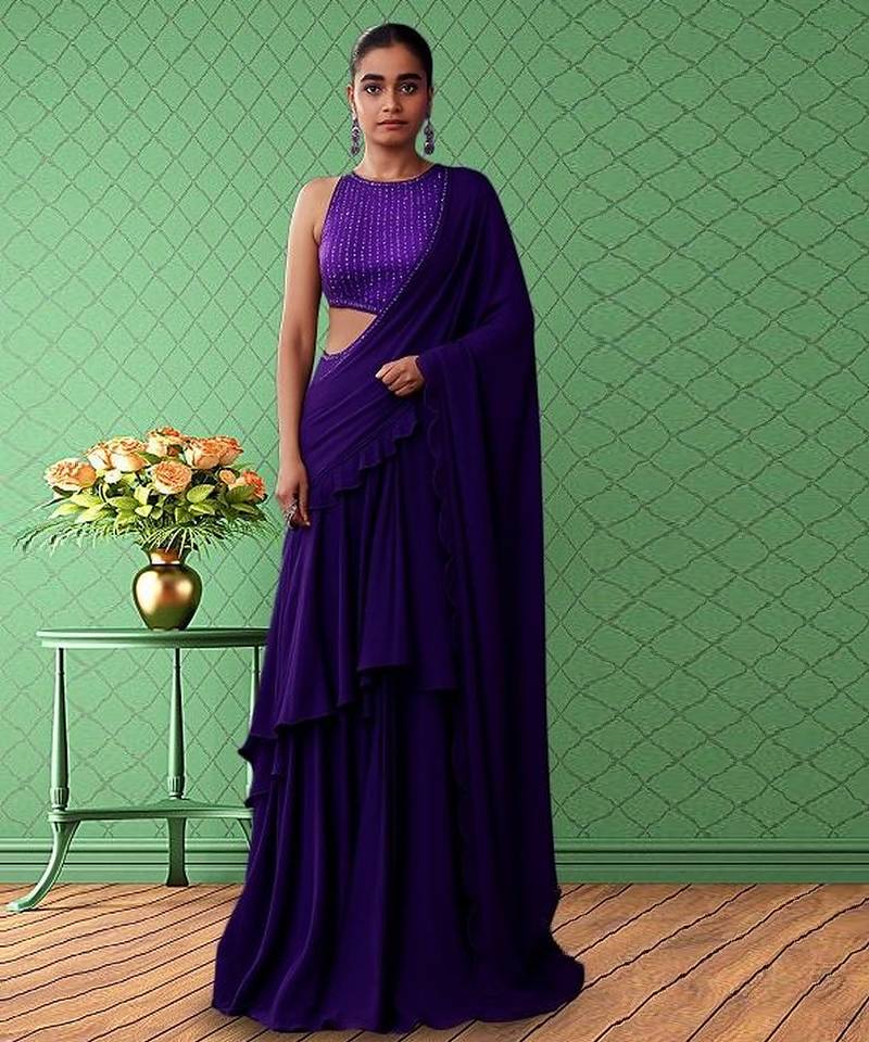 Purple net pre draped saree set