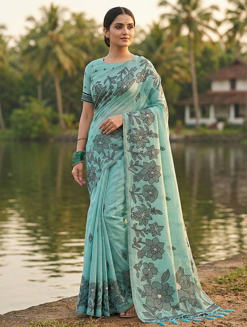 Sky blue elegant linen cotton saree collection – soft & comfortable ethnic wear