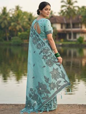 Sky blue elegant linen cotton saree collection  soft & comfortable ethnic wear 2