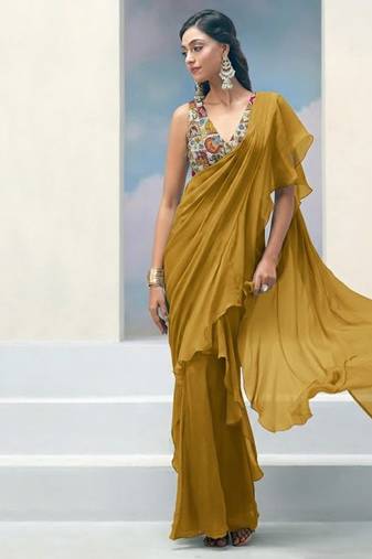 Mustard  crepe pre draped saree set