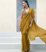 Mustard  crepe pre draped saree set