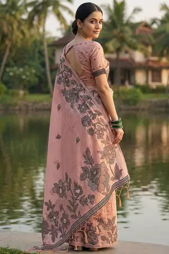 Light pink elegant linen cotton saree collection  soft & comfortable ethnic wear