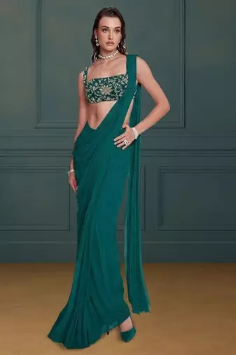 Emerald green crepe pre draped saree set