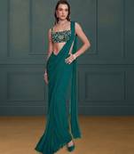 Emerald green crepe pre draped saree set