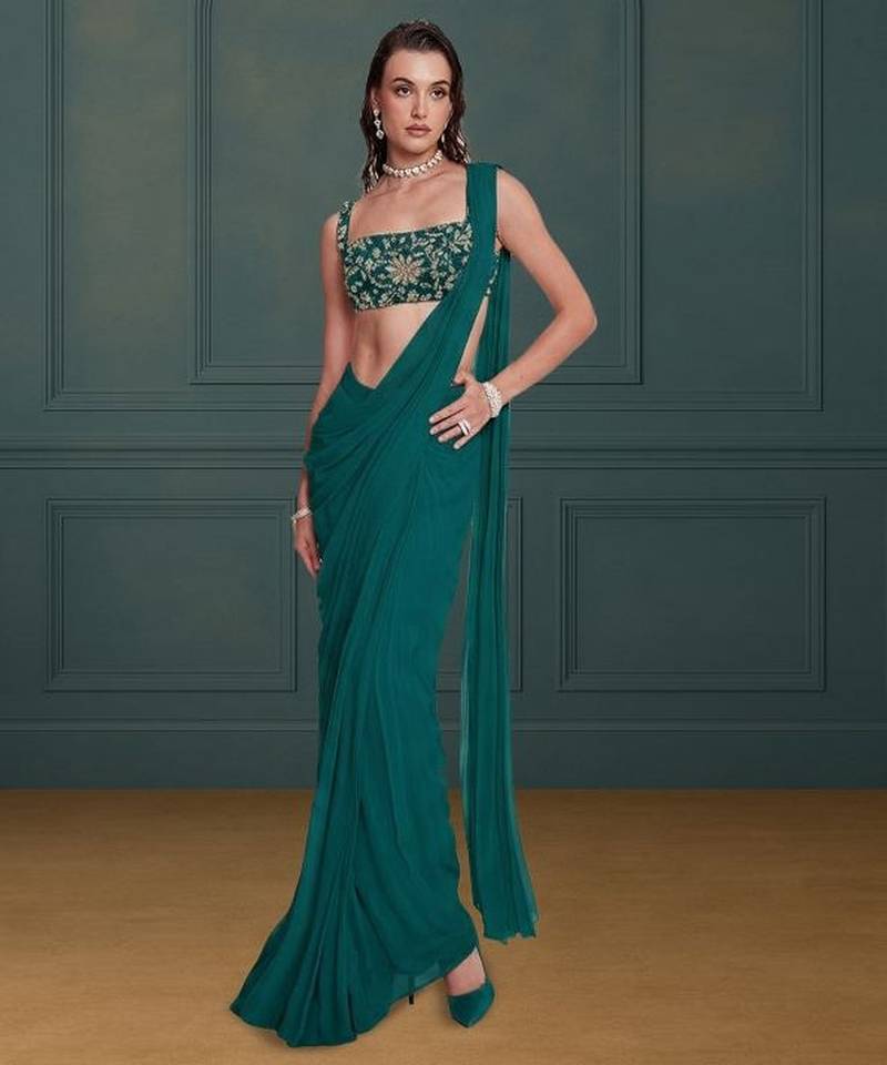 Emerald green crepe pre draped saree set
