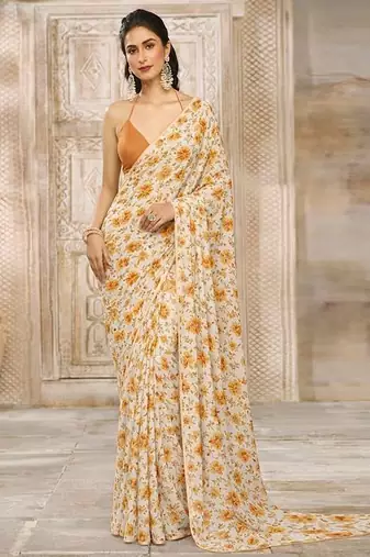 Ivory printed crepe pre draped saree set
