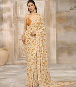 Ivory printed crepe pre draped saree set