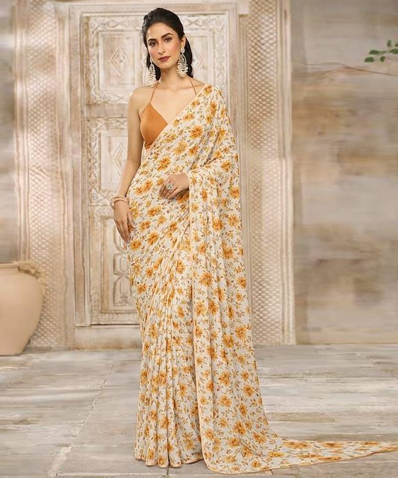 Ivory printed crepe pre draped saree set