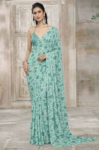 Mint green printed crepe pre draped saree set