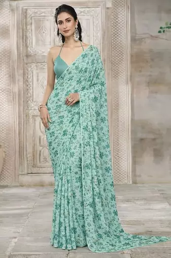 Mint green printed crepe pre draped saree set