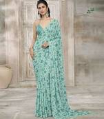 Mint green printed crepe pre draped saree set
