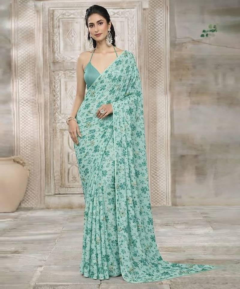 Mint green printed crepe pre draped saree set