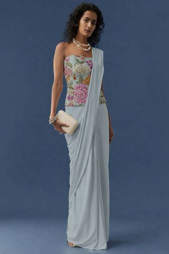 Blue printed crepe pre draped saree set