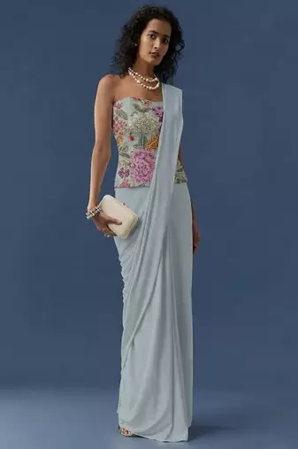 Blue printed crepe pre draped saree set