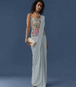 Blue printed crepe pre draped saree set