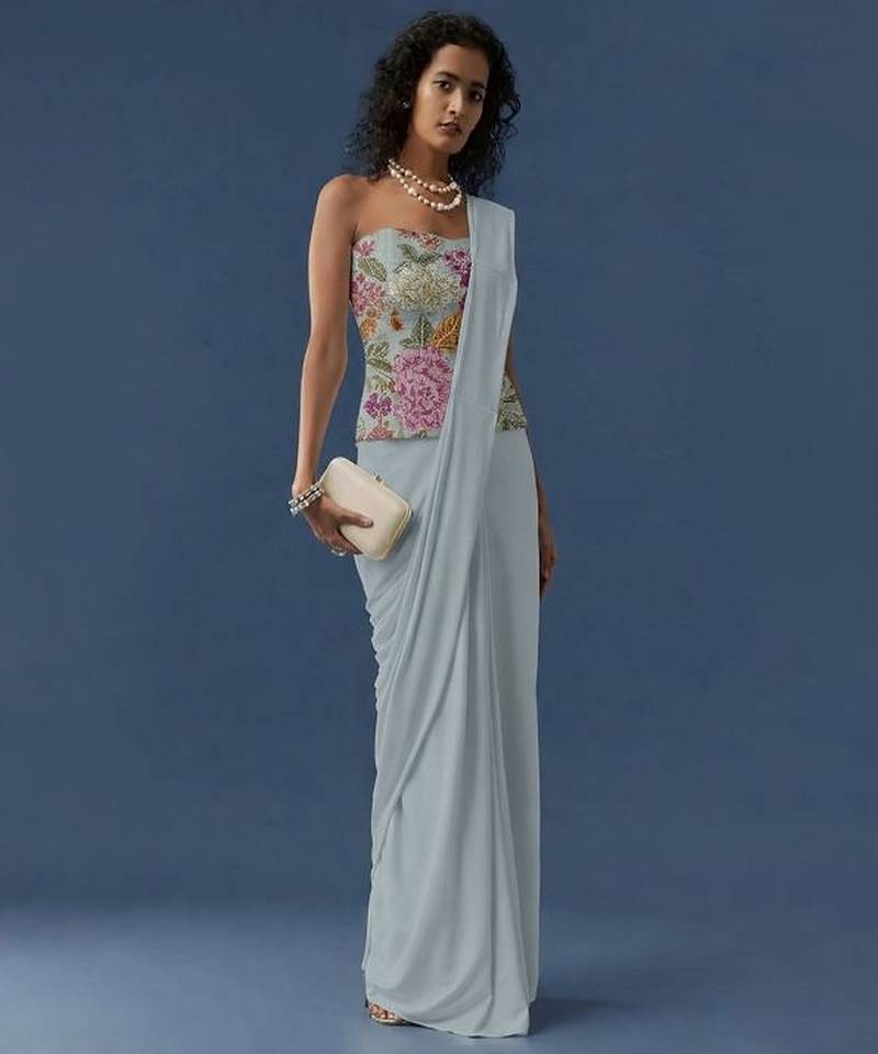 Blue printed crepe pre draped saree set