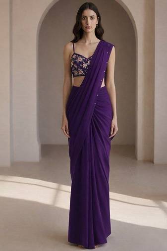 Purple crepe pre draped saree set