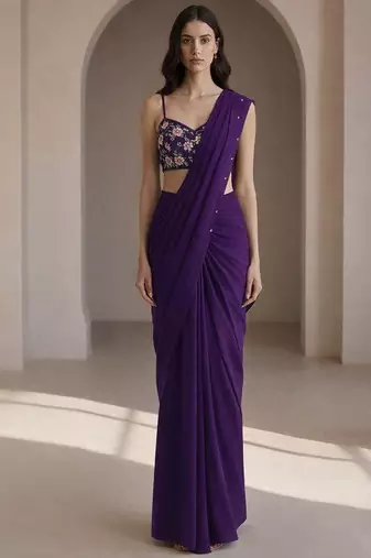 Purple crepe pre draped saree set