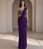 Purple crepe pre draped saree set