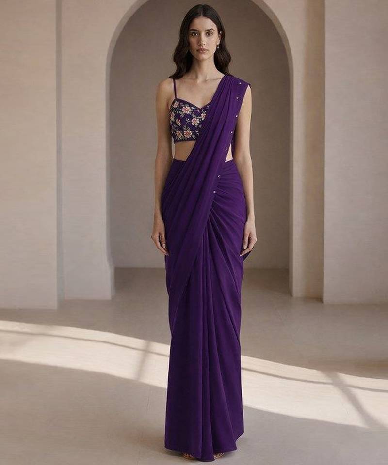 Purple crepe pre draped saree set