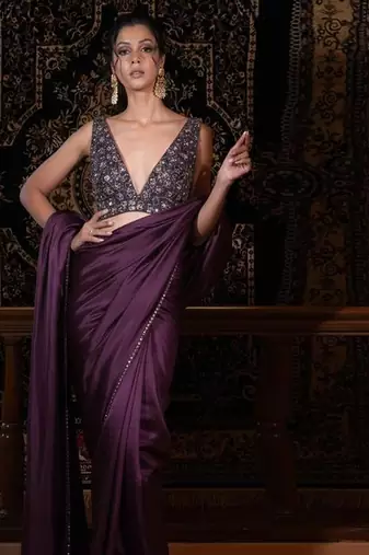 Purple embroidered net pre draped saree set