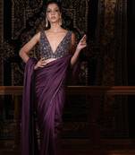Purple embroidered net pre draped saree set