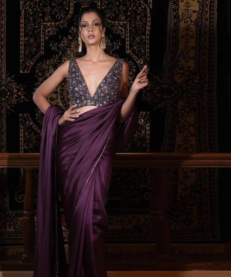 Purple embroidered net pre draped saree set