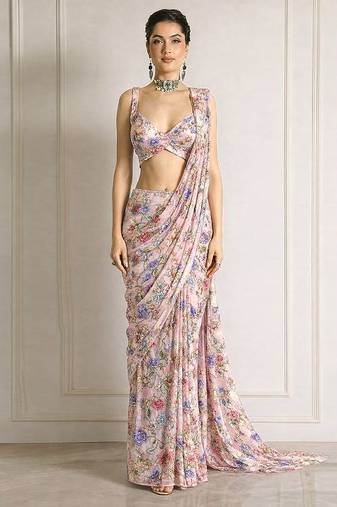 Pink printed crepe pre draped saree set