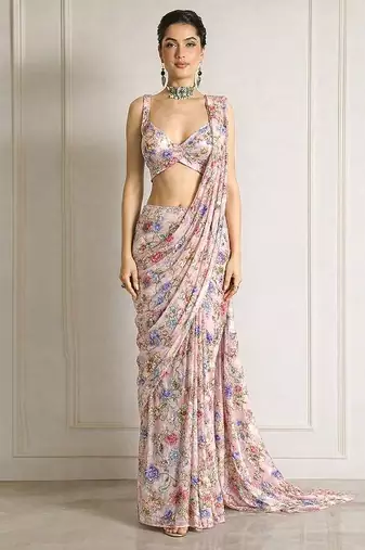Pink printed crepe pre draped saree set