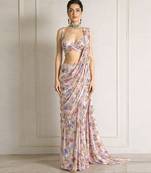 Pink printed crepe pre draped saree set