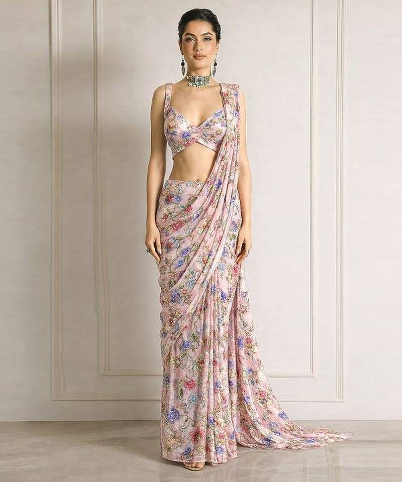 Pink printed crepe pre draped saree set