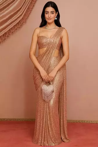 Light peach embroidered net pre draped saree set