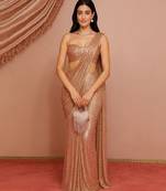 Light peach embroidered net pre draped saree set