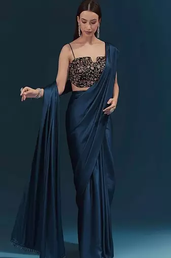 Midnight blue velvet pre draped saree set