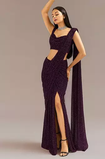 Wine embroidered georgette pre draped saree set