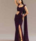 Wine embroidered georgette pre draped saree set