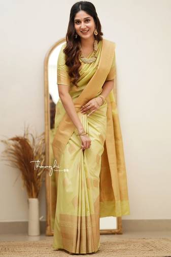 Light yellow soft silk blend banarasi jacuard work designer saree with blouse